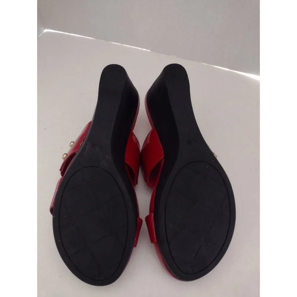 Lauren Ralph Lauren Rhianna Wedge Heels Size 5.5 B Red Slide Leather Sandals - Picture 7 of 10